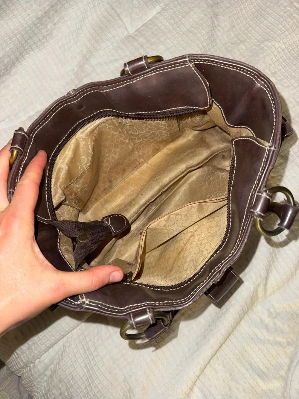 Coach Brown Signature Canvas Tote with Leather Trim